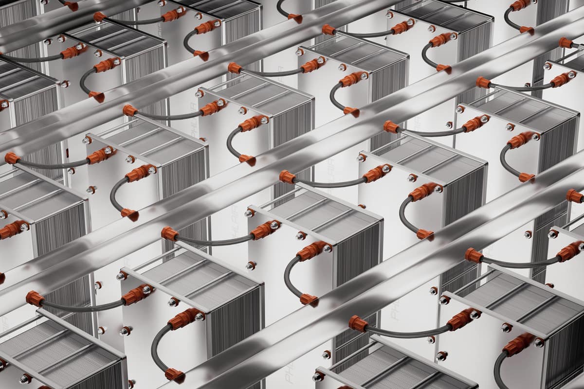 Rows of second-life battery modules assembled into stationary storage racks