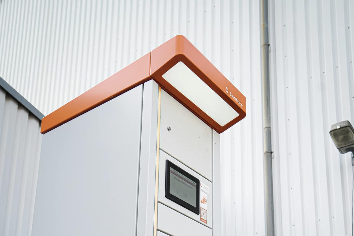 A cabinet of swappable battery modules, each slot individually accessible